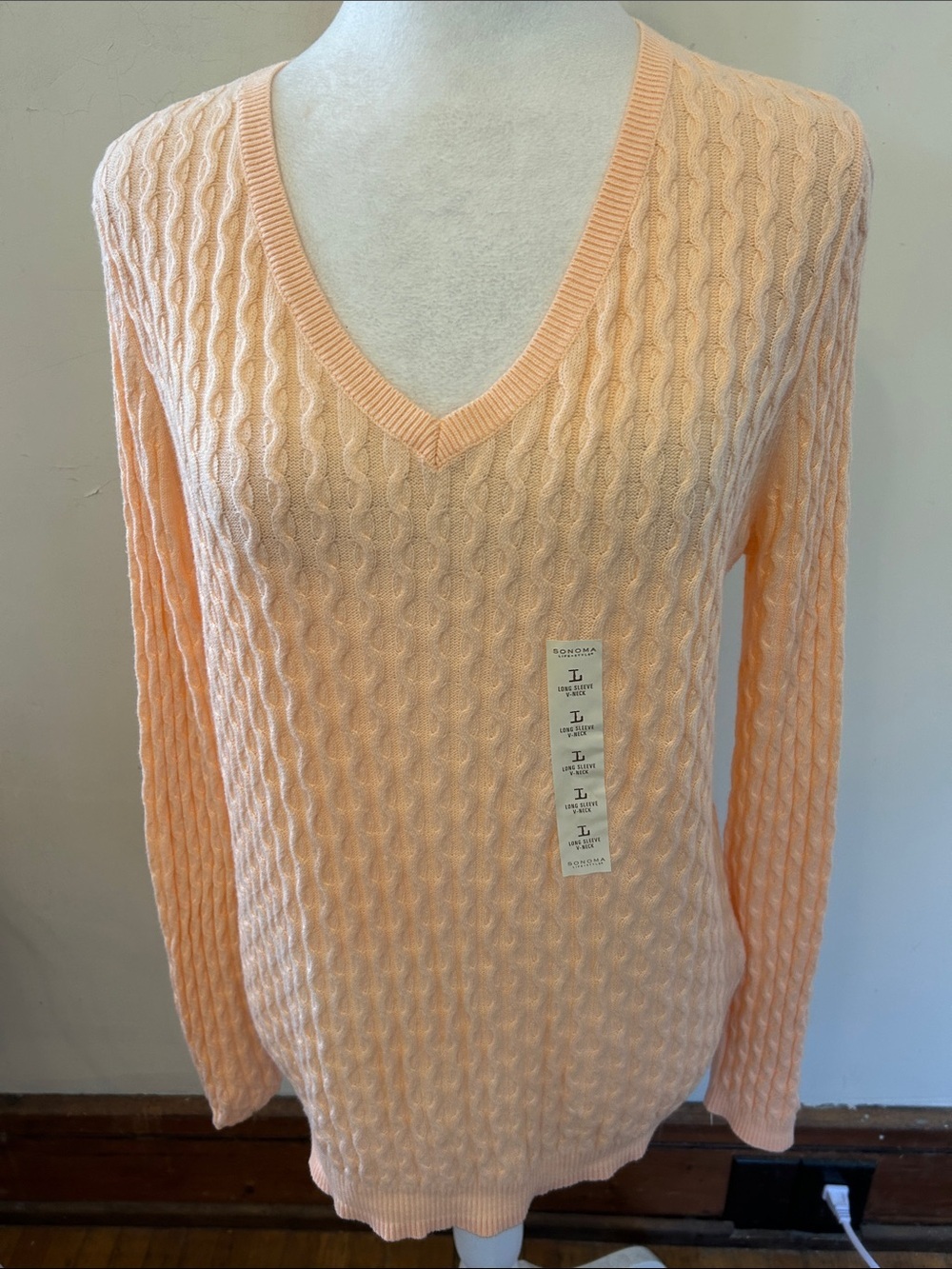 Sonoma Peach Cable Knit V-Neck Sweater Size L New